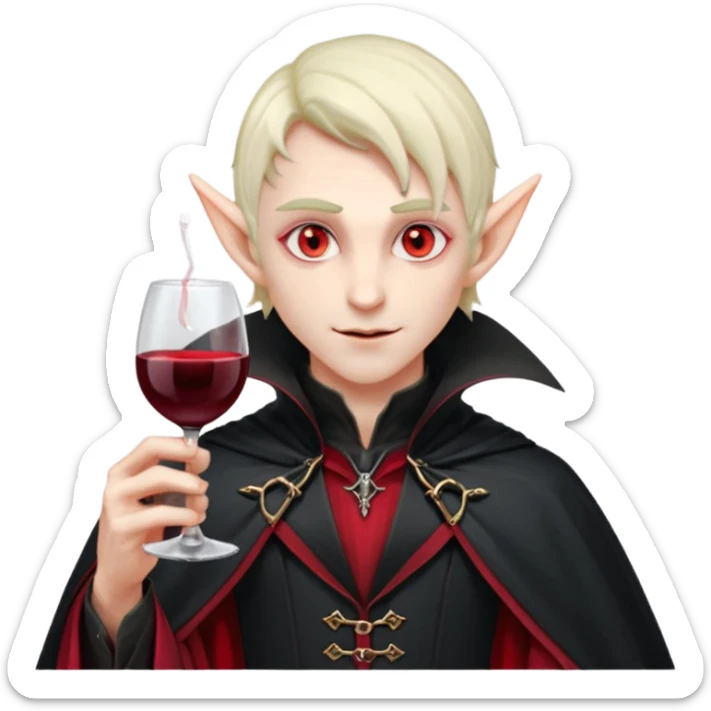 male elf vampire emoji, pale skin, red glowing eyes, long pointed ears, black high-collared cloak with red lining, holding a wine glass filled with red liquid, elegant Halloween fantasy look, smooth Apple emoji style, clean white background, square image sticker
