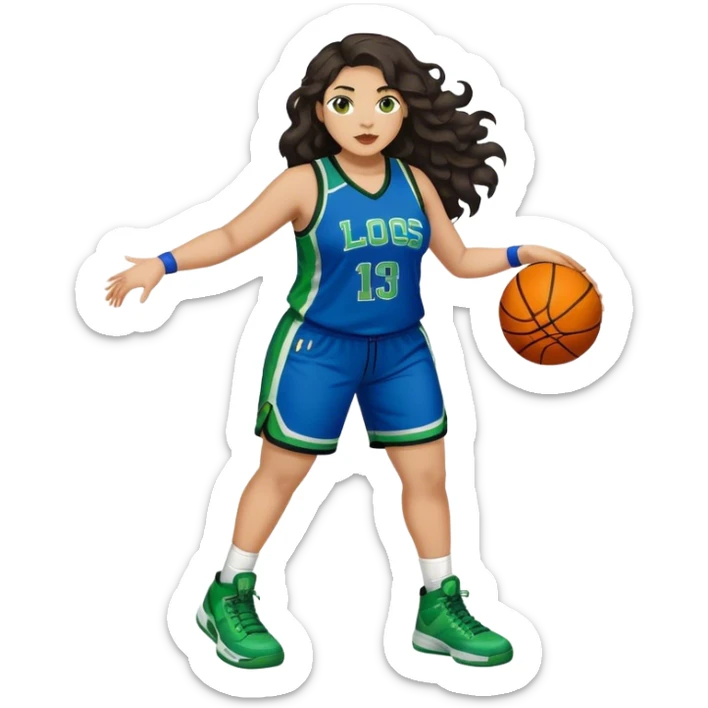 Full Body light skin Latino plus size women basketball player with long wavy dark hair  wearing blue and green uniform sticker