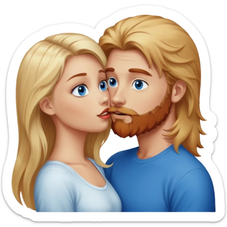 Hot, long hair blonde girl with bright blue eyes, looking at and kissing reddish-browish blue eyed white guy with reddish-brownish-scruffy beard sticker