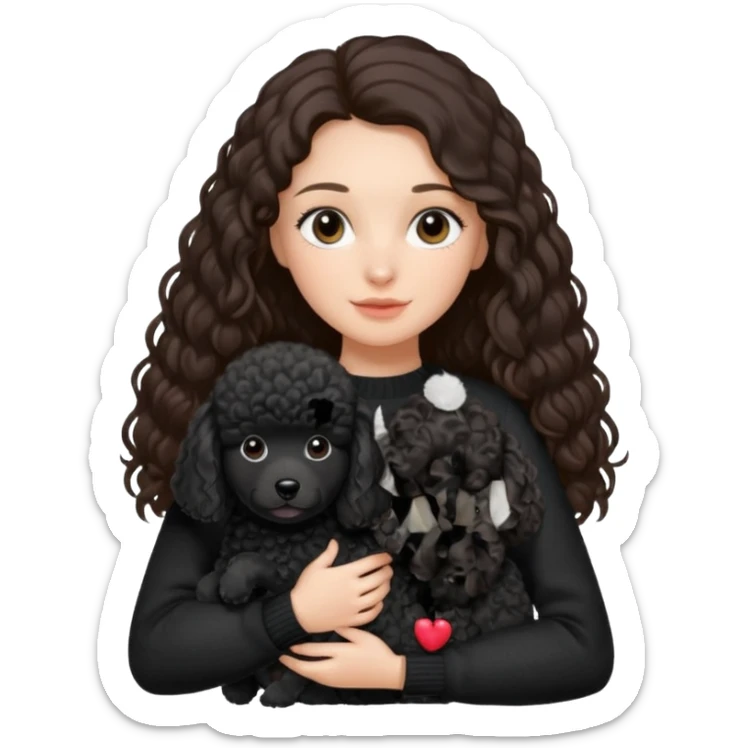 One Brunette girl with long hair in a black sweater holds a single black Poodle puppy in her arms sticker