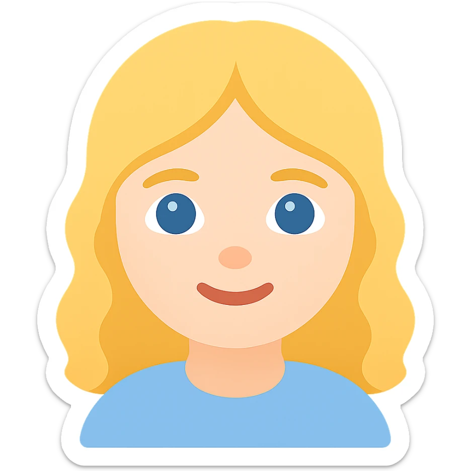 blonde girl with wavy hair and blue eyes, sweet and wholesome, modern color icon style sticker