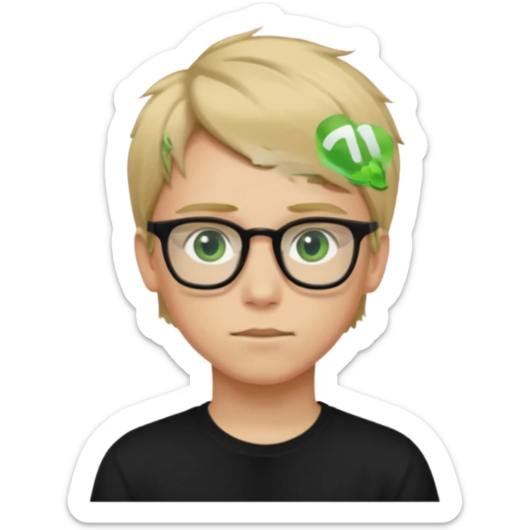 Generate me a profile picture like with a teenage boy who has dirty blond hair, green eyes, glasses and a black t-shirt sticker