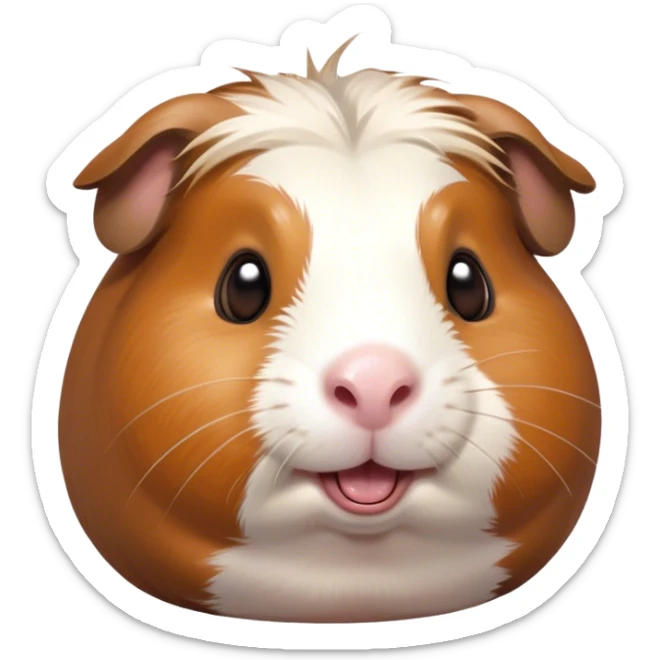 Cinematic Comical Brown and White Banded Guinea Pig Portrait Emoji, Head tilted dramatically with an exaggeratedly amused expression, featuring a striking fur with bold brown and white banding, wide, expressive dark eyes filled with playful disbelief, Simplified yet hilariously expressive features, highly detailed, glowing with a slightly sassy glow, high shine, dramatic yet playful, stylized with an air of cheeky mischief, bright and endearing, soft glowing outline, capturing the essence of a spirited and over-the-top guinea pig, so meme-worthy it feels like it could side-eye its way into internet fame instantly! sticker