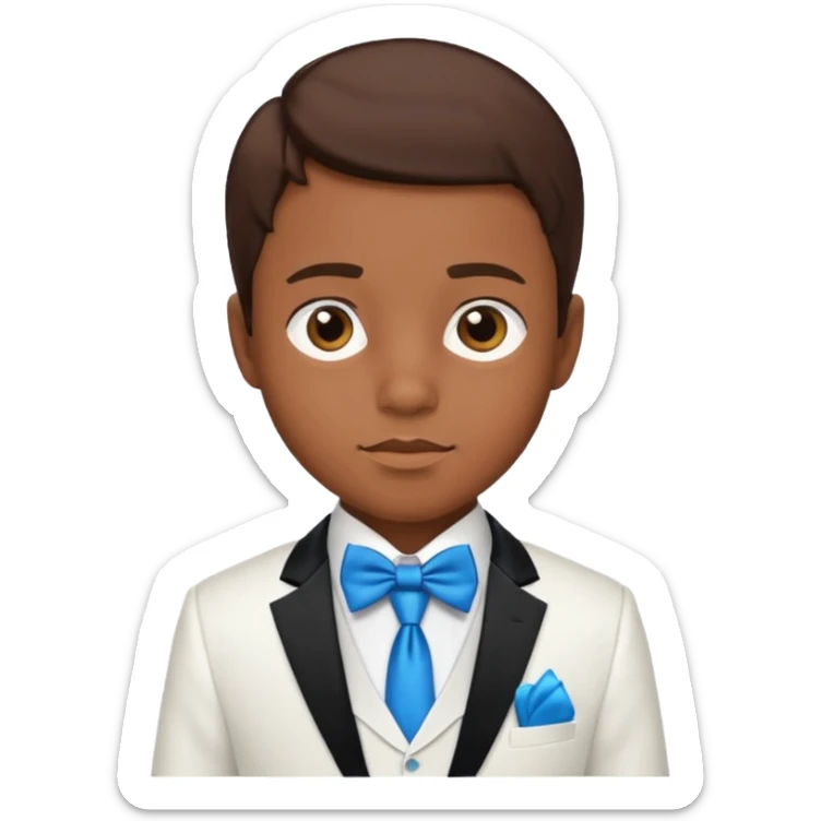 A boy with dark brown skin and I little bit of brown hair and a white tuxedo with a blue tie sticker