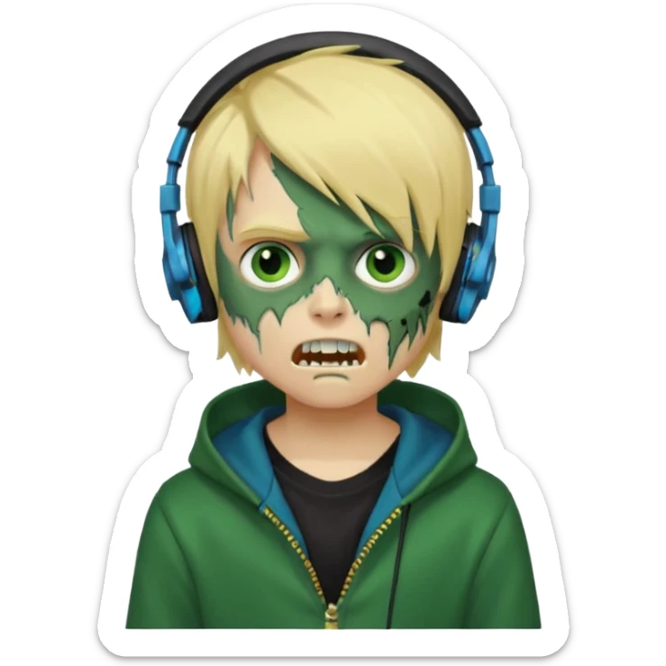 boy zombie whit blonde emo hair and eyes blue and GREEN SKIN and heandphones black AND A MICROFONE AND GOLD TEETH and agesive face and the hoodie black  sticker
