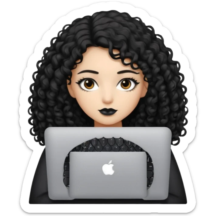 a girl typing mac book air with long black curly hair and brown eyes with winged black eyeliner sticker