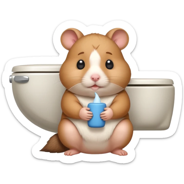 Cute chubby cartoon-style hamster sitting on toilet pooping looking as if he had an accident sticker