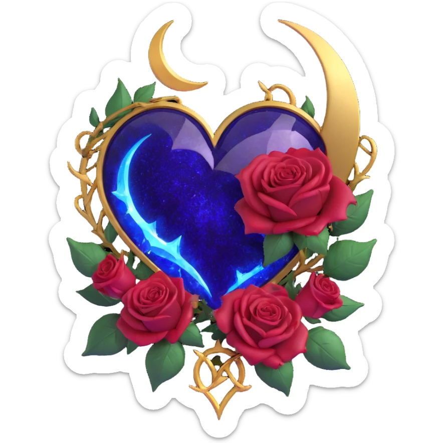 gothic heart made of deep purple glass with gold crescent moon, dark red roses, sparkling stardust, electric blue lightning, wet look, shattered glass texture sticker