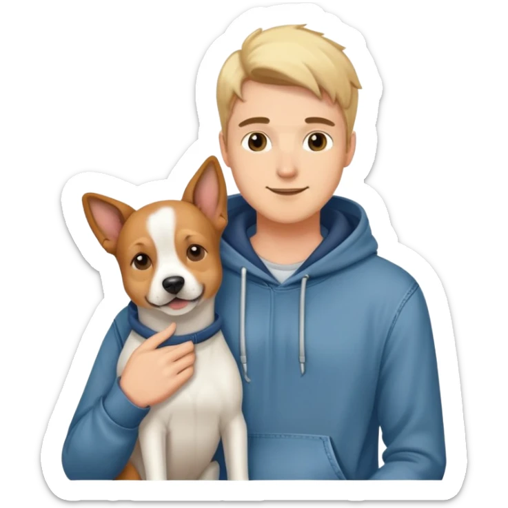 pretty handsome dog lover boyfriend with soft smile, wearing hoodie and jeans, one dog   sticker