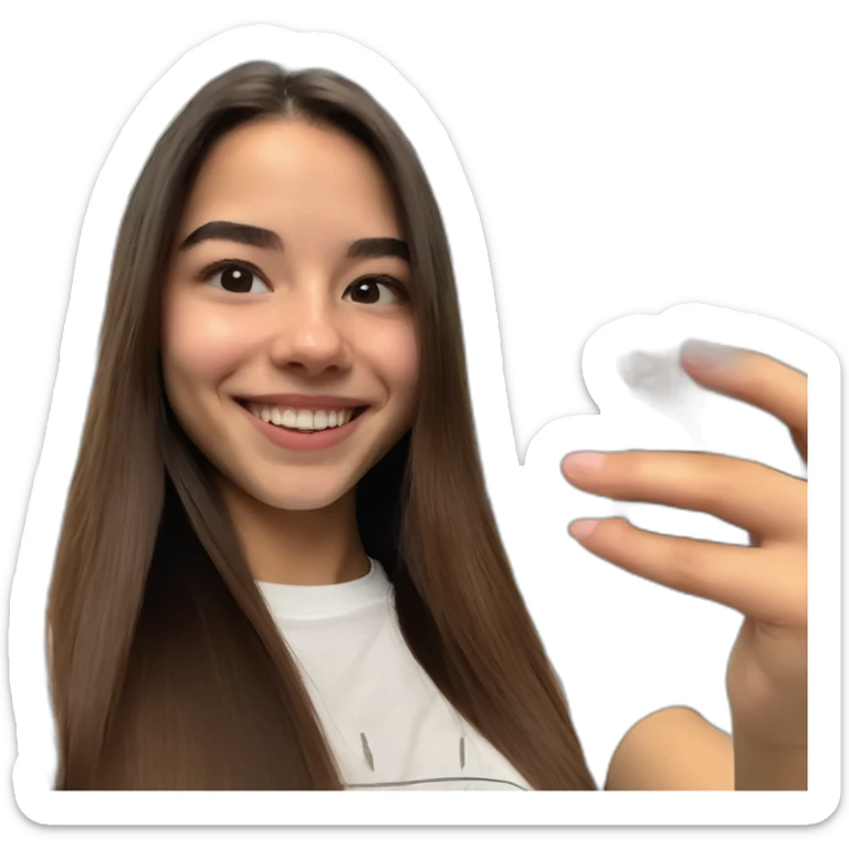 Spaniard Teenager girl long Brown straight hair funny face smiling taking selfie wearing nike t-shirt sticker