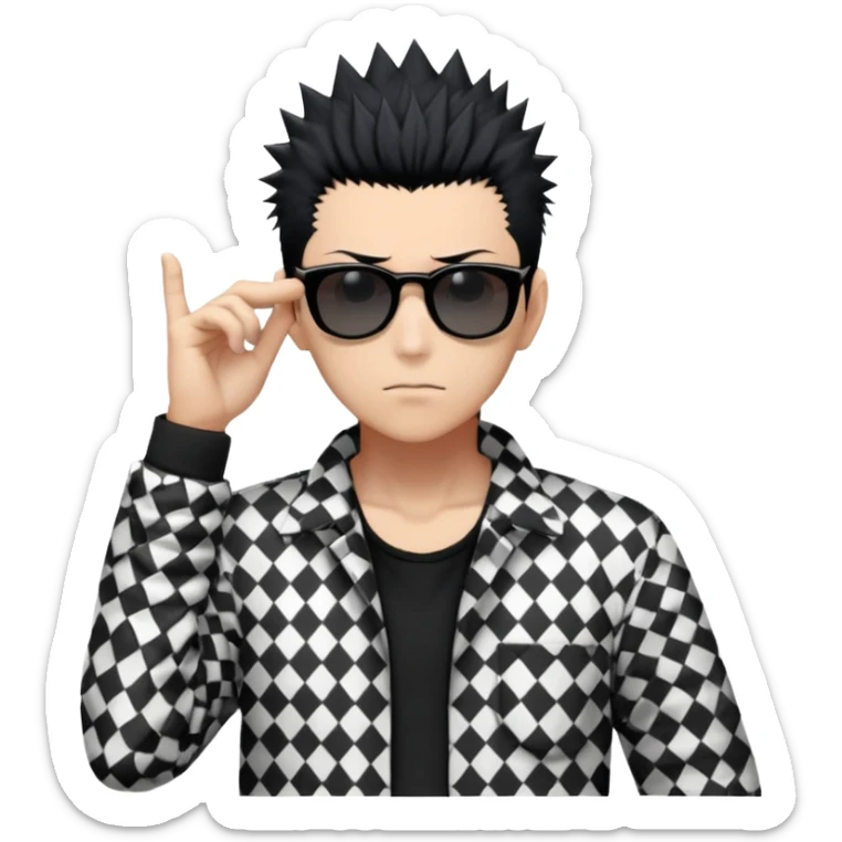 Satoru Gojo from Jujutsu Kaisen with spiky black hair, wearing black and white checkered shirt with rolled-up sleeves, black pants, confident expression, sunglasses on top of head, one hand in pocket sticker