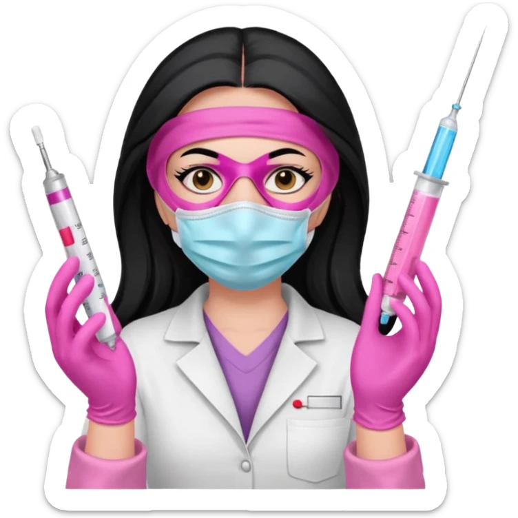laboratorista con guantes rosa y mascarilla rosa  jeringa tubos  pelo negro largo triguella sin lentes pelo lacio negro y largo  sticker