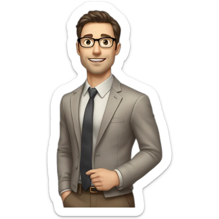 Pale skinned fit man with dark brown hair in gray jacket, beige office shirt, brown tie, brown pants and vintage glasses Writing on the marker board sticker