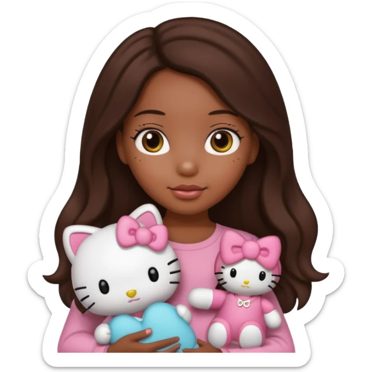 black girl with long brown hair, holding a hello kitty plushie  sticker