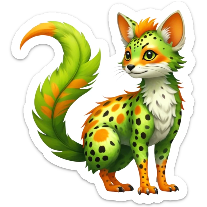 Feral Rare Fantasy vibrant tropical Vernid-Trico-species by LiLaiRa, random markings, tufted tail, tufted ears, full body sticker