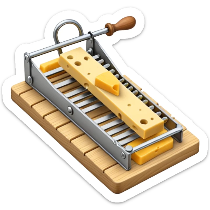 A 3D emoji in iOS emoji aesthetic style of a classic mousetrap with a wooden base and a metal spring mechanism, holding a small piece of yellow cheese, clean and detailed design, white background, glossy Apple-style rendering sticker