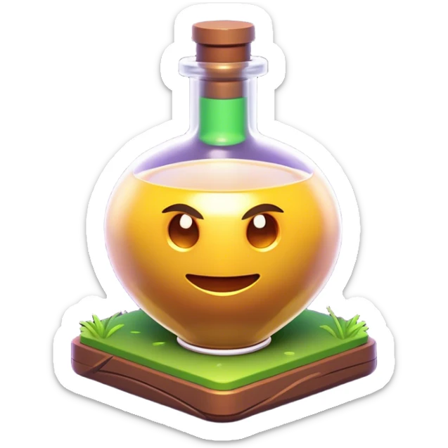 Clash of Clans aesthetic: Cinematic Playful Pixel 3D Magic Potion Portrait Emoji, rendered in a 3D vector-style similar to standard emojis with minimal shading and bold, simplified shapes. A compact, distinct form with signature details, softly glowing with a pixelated adventure charm. Simplified yet unmistakably iconic, highly detailed and consistent, glowing with a soft radiance and high shine. Stylized with a touch of classic pixel-art charm and a soft glowing outline, capturing the essence of a beloved gaming relic with a friendly, playful manner! sticker