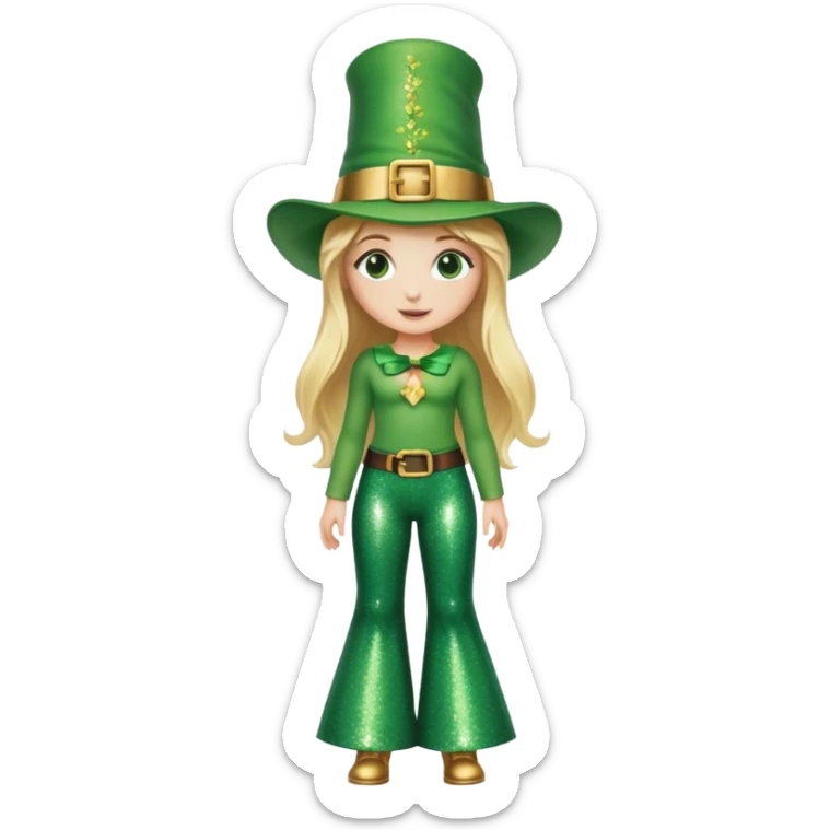 Blonde haired girl in glittery green bell bottoms and tall leprechaun hat sticker