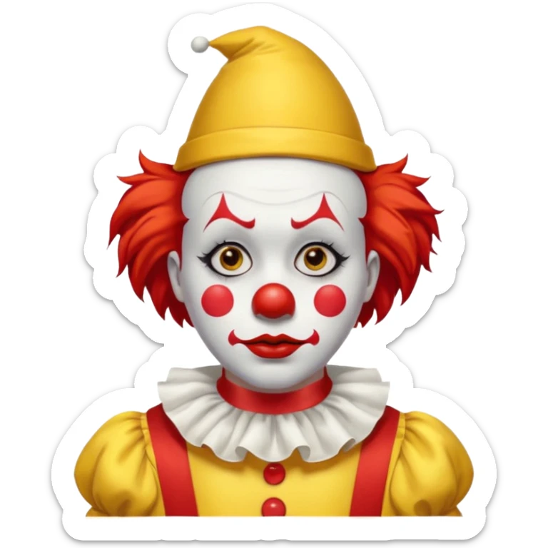 Yellow pointed hat with a red tip.

Red hair sticking out on the sides.

White face paint with black eyebrows, red nose, and red lips.

Wearing a yellow clown costume with red buttons.

Sad, concerned expression. sticker