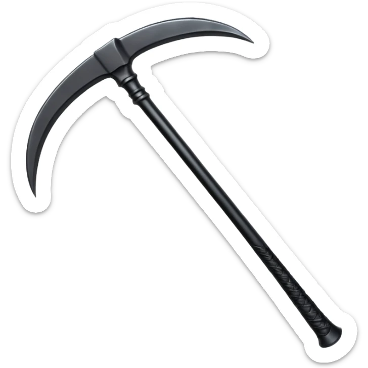 The scythe of the God of Death, a symbol of death, is long and straight, entirely in deep black. sticker