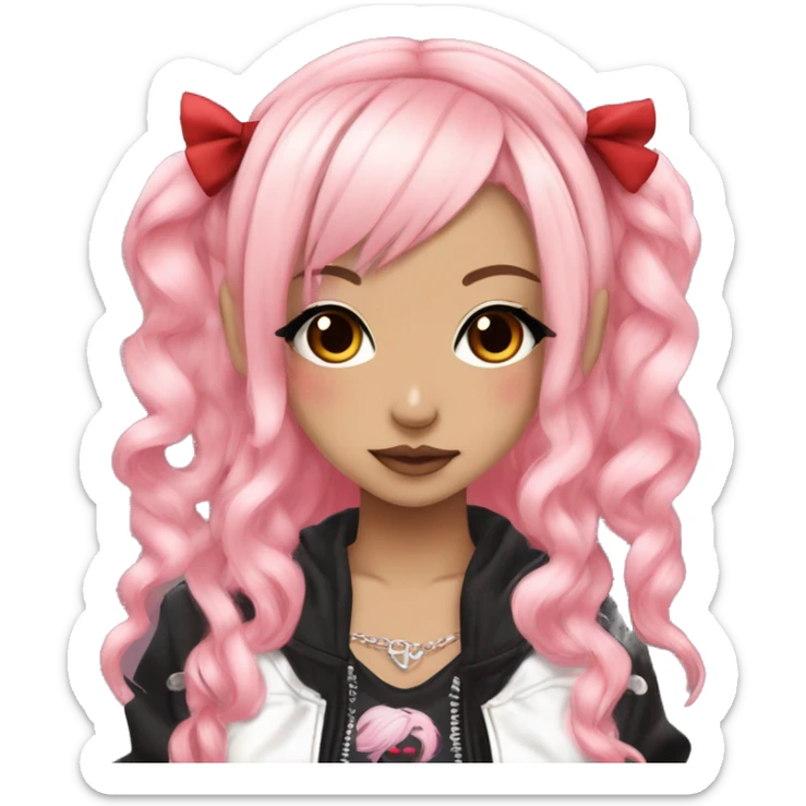 hime gyaru girl, light pink and red split-dyed hair, dark makeup, punk clothes sticker