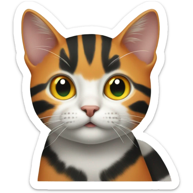 a cat with green eyes and orange, black, and white spots and a cat with orange stripes with yellow eyes.  sticker