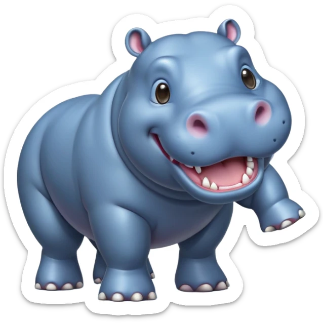 cinematic-hippo-realistic-full-body-side-view-standing-on-all-fours-emoji,-massive-round-frame,-wide-mouthed-grin-exposing-huge-teeth,-head-tilted-dramatically,-thick-greyish blue-hide-glossy, big cute eyes sticker