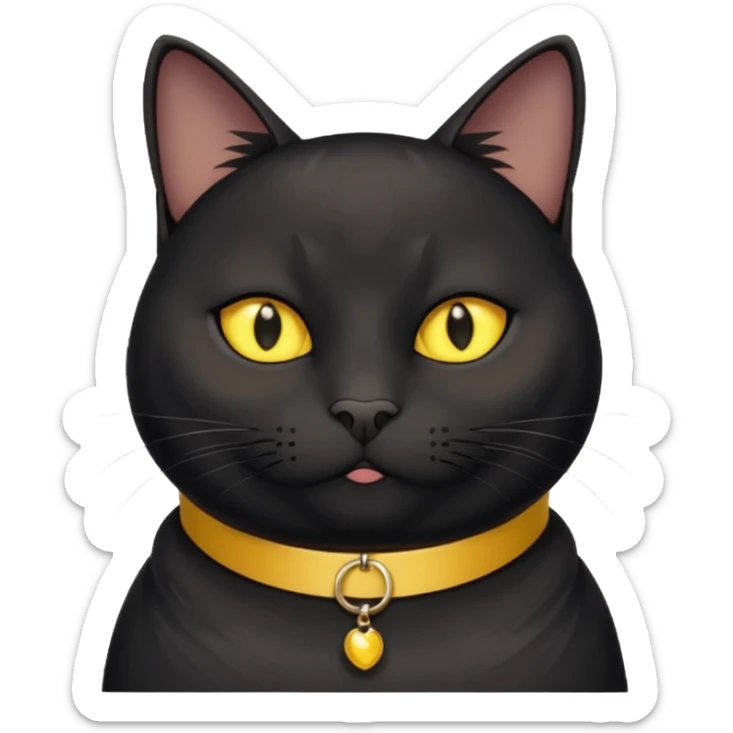 Un gato negro gordito con los ojos de color amarillos sentado con un collar que diga: waina michi sticker