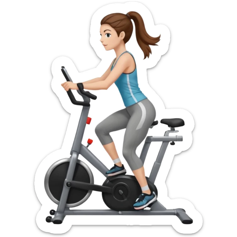 woman with long brown hair pulled back, fair skin, wearing ankle-length leggings on a stationary bike sticker
