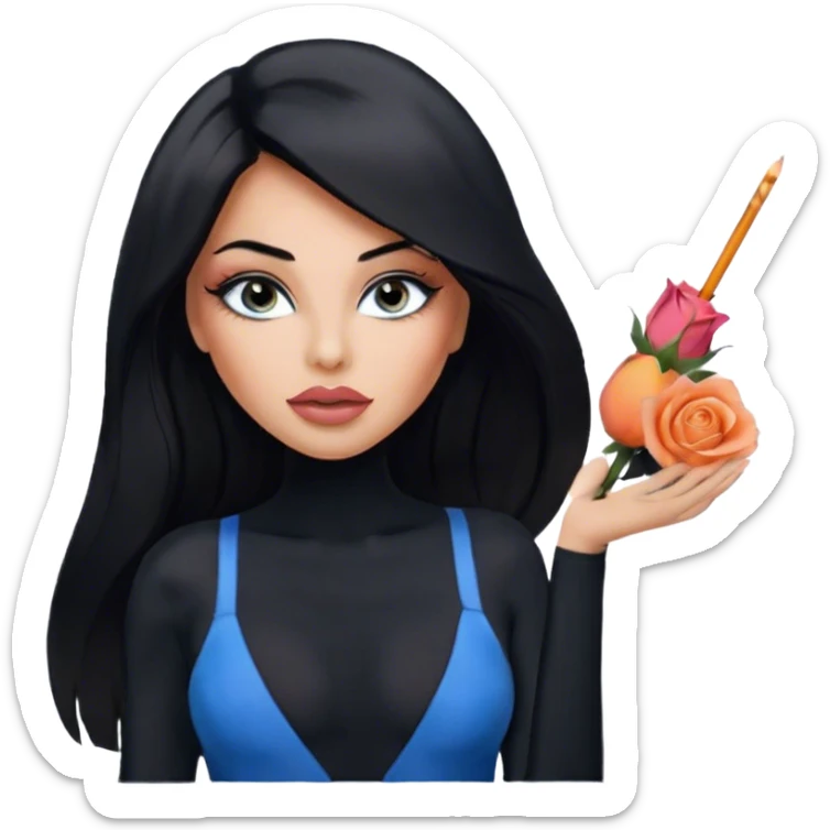 Glamours, tanned, very beautiful girl, with big pump peach-beige-rose lips, eyeliner, long long lashes, black straight smooth silky long hair, straight parting hair, blue-grey eyes, in totally black bodysuit  sticker