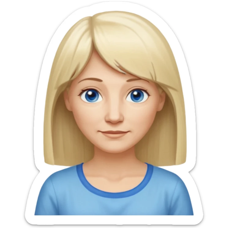 50 yr old white woman, hippie part short bangs, very long straight blond hair, oval face, small smile, blue eyes, thin face, hair downback, hair parted at center of head, round cheeks, pale, longer hair, white shirt sticker