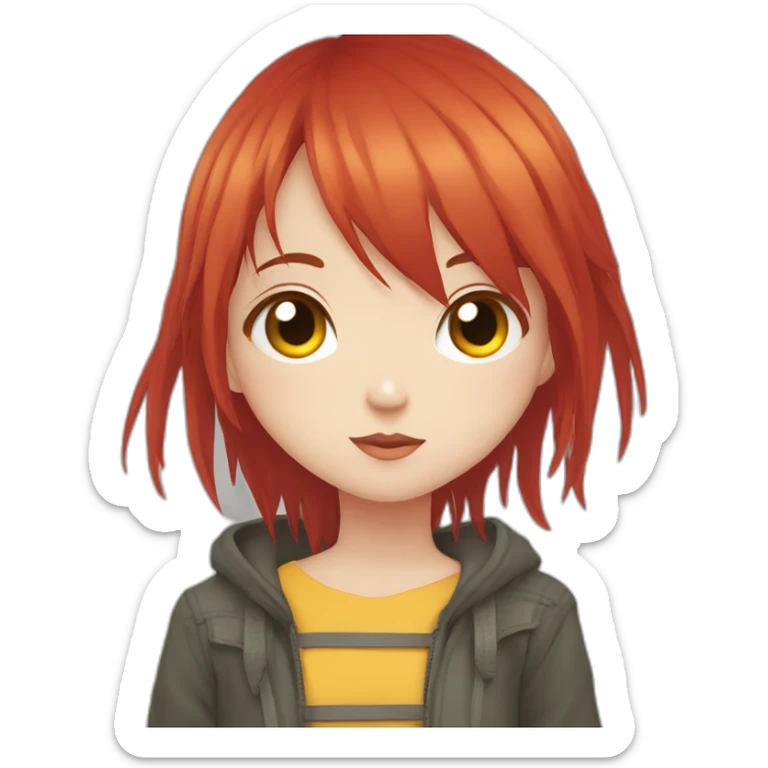 (gril) makima from the manga chainsawman with red hair fringe, yellow eyes with a circle inside sticker