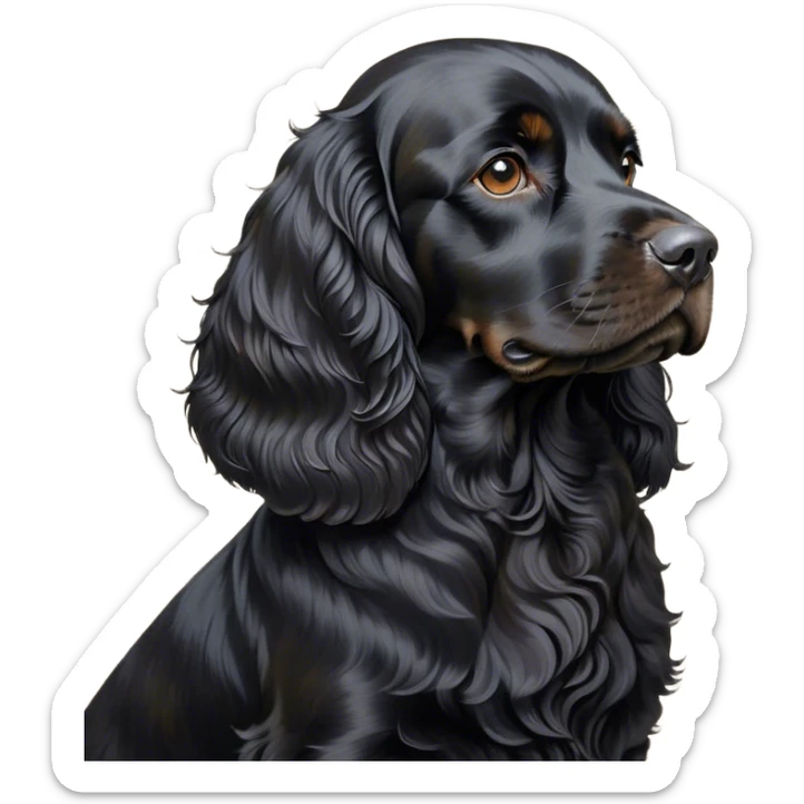Cinematic Noble Black Cocker Spaniel Portrait Emoji, Poised and regal, with a sturdy build and a sleek, shiny black coat accented by subtle tan markings, deep-set soulful dark eyes, Simplified yet sharp and sophisticated features, highly detailed, glowing with a soft, dignified glow, high shine, intelligent and alert, stylized with an air of refinement, focused and attentive, soft glowing outline, capturing the essence of a watchful and confident companion, so majestic it feels as though it could trot out of the screen with effortless authority! sticker