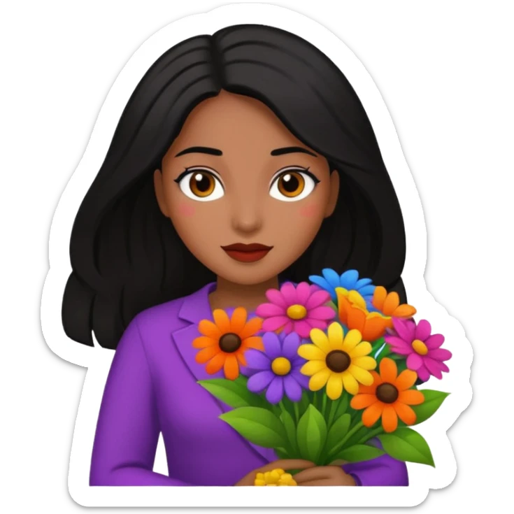 black hair woman with big bouquet of flowers sticker