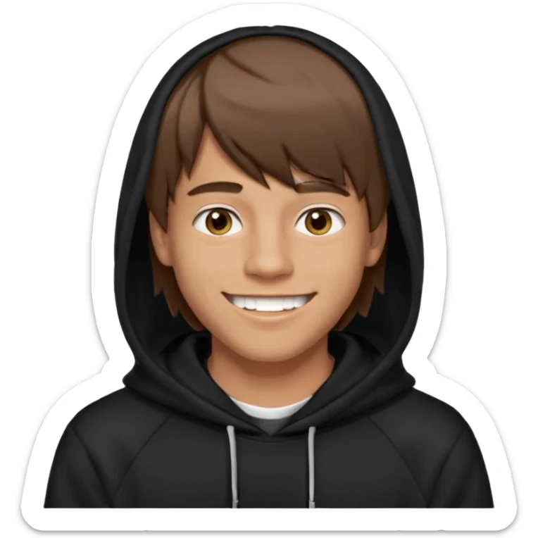 20 yr old man, brown hair, straight, big smile, white teeth, tanned skin, bangs, black hooded sweatshirt, long hair in back, middle parted bangs sticker