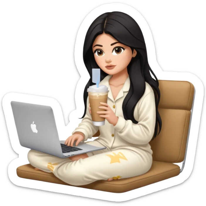 Kylie Jenner with her sexy face and long hair, make it 1 tone lighter,sitting learning on macbook watching the screen, she wears an off- white Skims pajama and she's drinking 1 tasty iced latte sticker