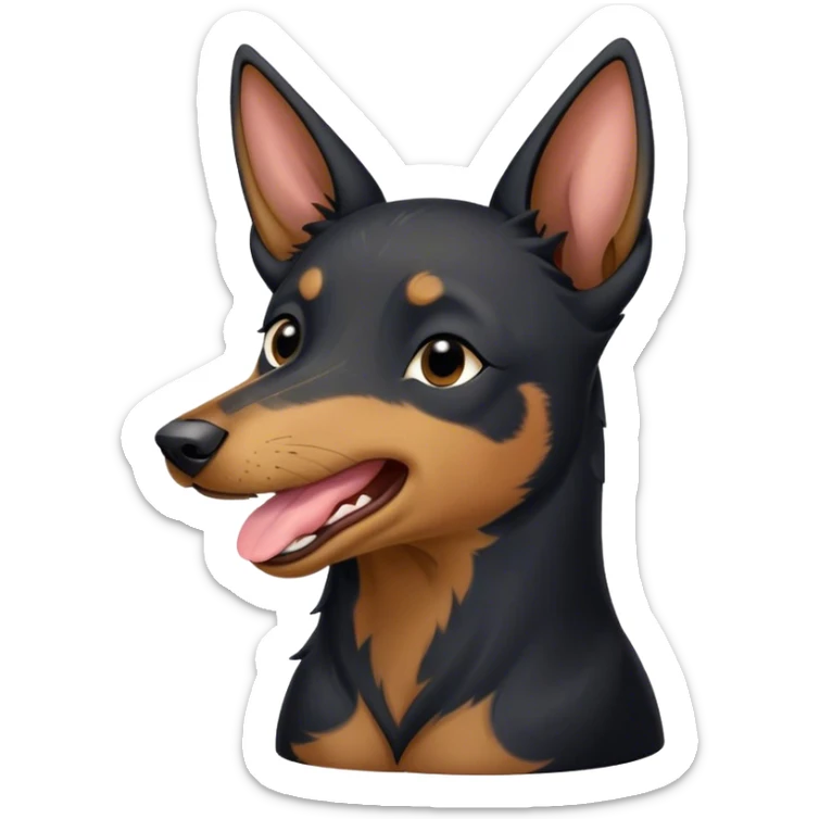 Cinematic Cute Yawning Black and Tan Kelpie Portrait Emoji, Head tilted slightly with a dramatic, wide-open yawn, showcasing a smooth black Fur with distinct tan accents, floppy ears slightly drooping, round dark eyes barely open in drowsy contentment, Simplified yet irresistibly adorable features, highly detailed, glowing with a soft, cozy glow, high shine, relaxed yet expressive, stylized with a touch of whimsy, bright and endearing, soft glowing outline, capturing the essence of a sleepy yet affectionate herder, so drowsy it feels like it could stretch out of the screen and curl up for a nap! sticker