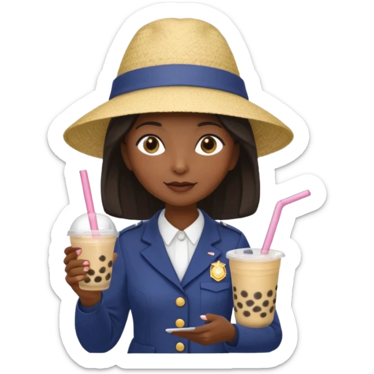 A Mysterious Elderly Female with Dark skin and Straight hair, wearing a Uniform outfit, a Sunhat, No glasses, carrying a Enchanted staff, working as a scientist, while drinking Bubble tea and reading a Journal. sticker