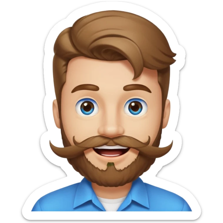 25 year old man, manicured beard, moustache and flavor savor, brown puffy mullet, blue eyes, big smile, white teeth, big lips, pronounced jaw sticker