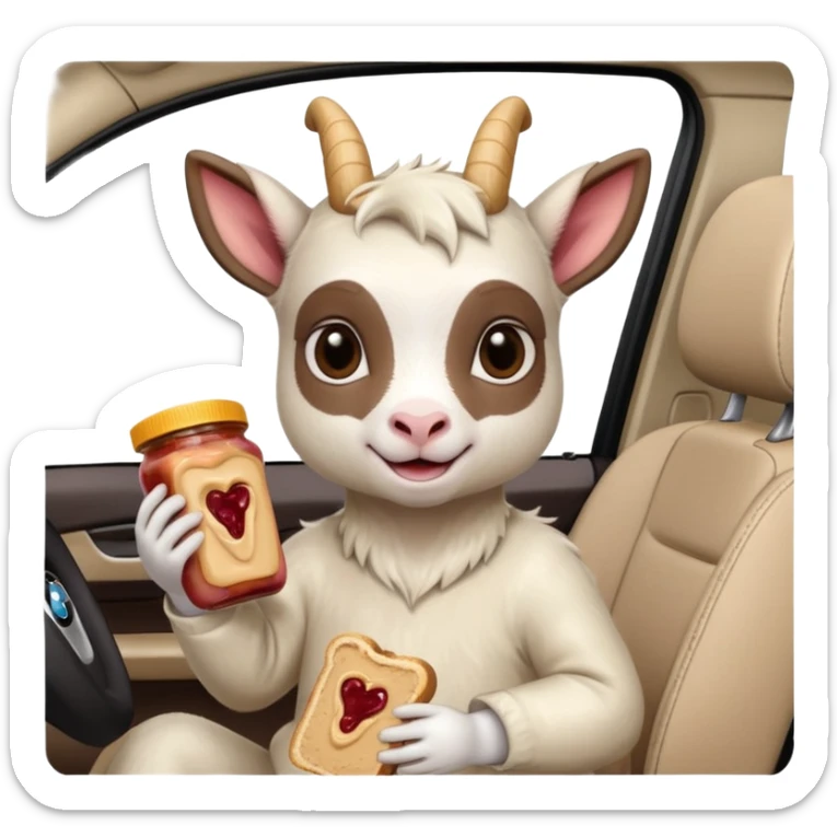 cute baby goat eating peanut butter and jelly driving in a bmw x1, holding a peanut butter and jelly in hand sticker