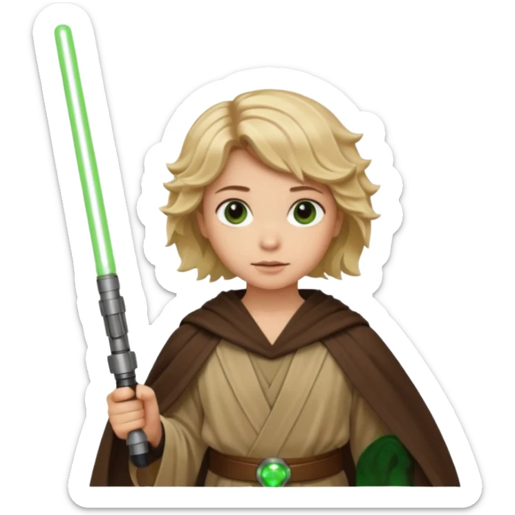 Young jedi with sandy blonde wavy short hair holding a green light saber, he has brown eyes sticker
