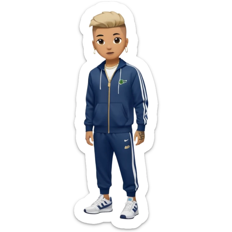 Capelli rasati ai lati con sfumatura, sopra corti e fissati con gel. Look curato e deciso. Indossa tuta firmata (Nike, Adidas, Lacoste, EA7) o jeans skinny, scarpe vistose come Air Force 1. Sempre presenti borsello a tracolla e collana d’oro E tatuaggi d’appertutto sticker