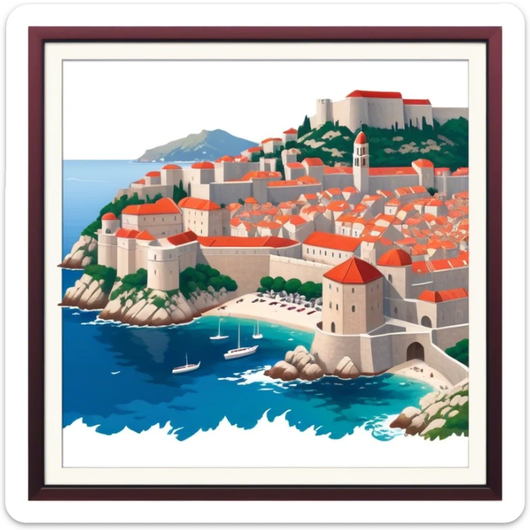 Cinematic Realistic aerial view of the historic city of Dubrovnik, showcasing its iconic red-roofed architecture, fortified walls, and sparkling Adriatic coastline, rendered with rich textures and warm Mediterranean lighting that captures its old-world charm. sticker