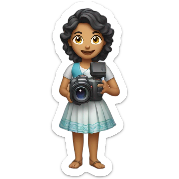 Indian woman with wavy hair and a folded skirt holding a video camera sticker