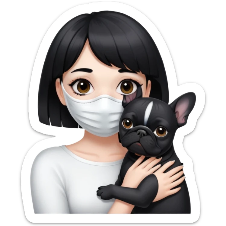 girl with short black straight bangs hair wearing a white mask and hugging a black French bulldog sticker