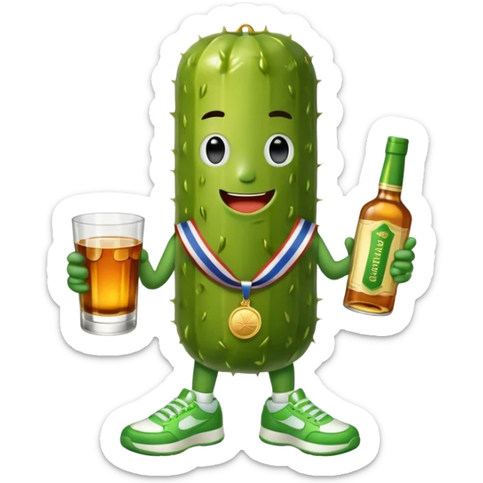 Pickle wearing gold medal with sneakers on holding two shots of whiskey sticker