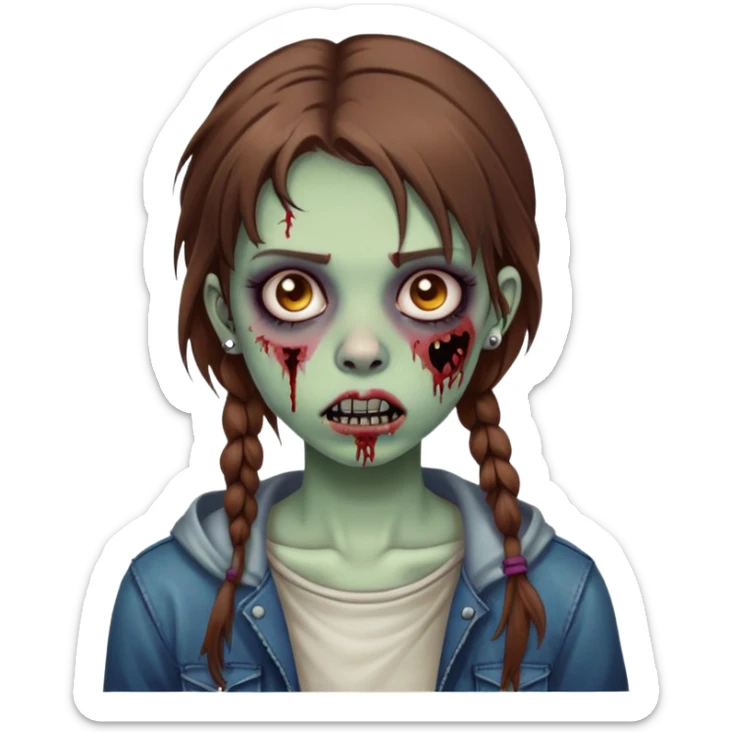 zombie teen girl with brown hair, grunge style, and septum piercing sticker