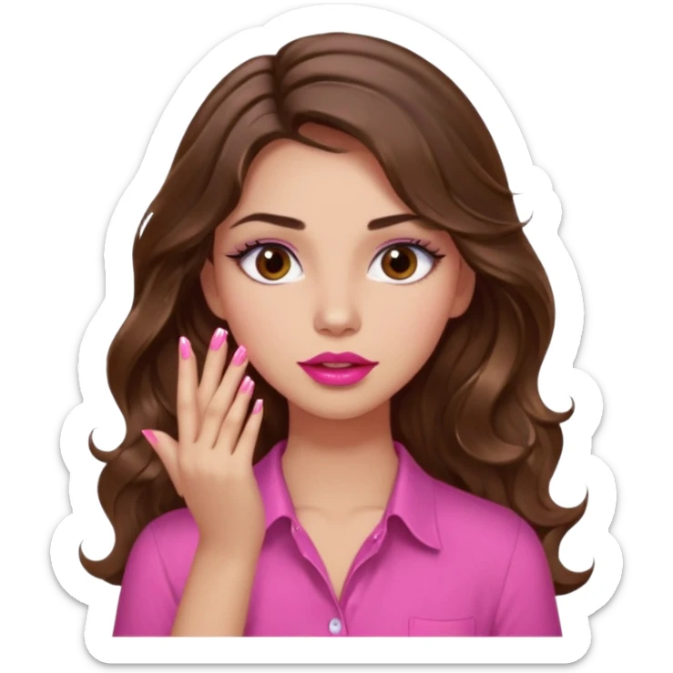 girl with long wavy brown hair, brown eyes, light to medium complexion, in a pink shirt, pink lips, long lashes, puckered lips, showing off painting nails sticker