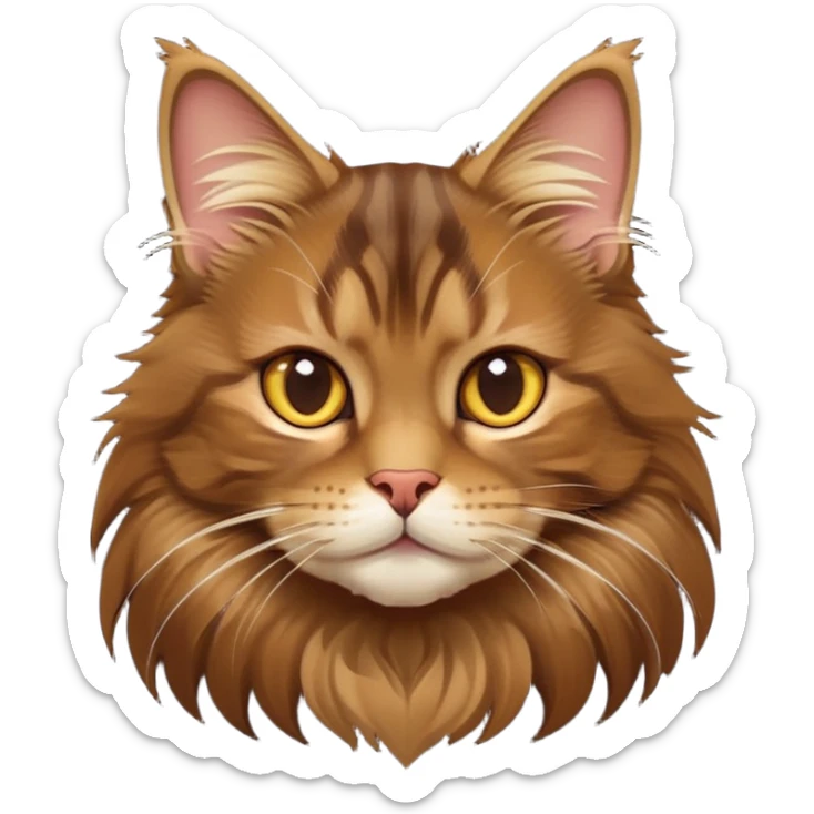cinematic-cute brown-maine-coon-cat-portrait-emoji,-head-tilted-playfully-and-inquisitively,-sleek--brown-and-gold-tones-with-hints-of-deep-auburn-fur,-simplified-yet-adorable-features,-highly-detailed,-glowing-with-a-warm,-friendly-glow  sticker
