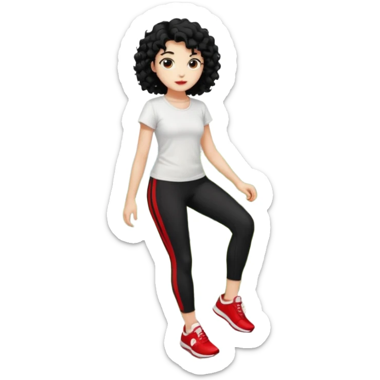 generate a pretty bratz fair skinned girl with curly black hair wearing a white tshirt trekking on a hill with red sneakers on and black leggings. Show HILLS sticker